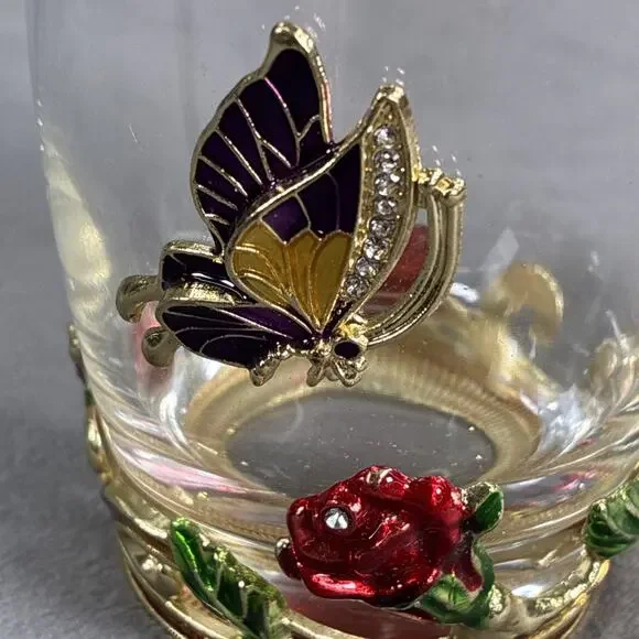 Elegant Tea Cup Glass Coffee Mug Enamel Rose Flower Butterfly ARC and Spoon - Picture 10 of 16